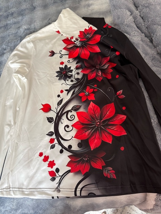 Oriental high neck Black and White Floral Long Sleeve Top - Picture 8 of 14